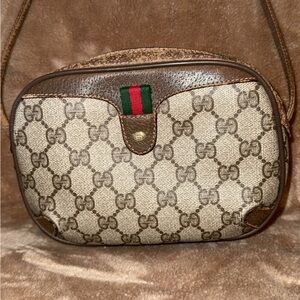 Gucci Beige GG Canvas Crossbody with Brown Leather Trim and Green-Red Web